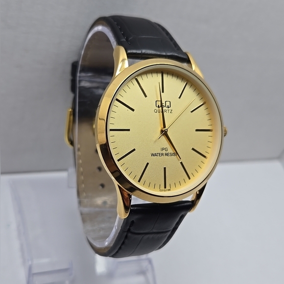 Q&Q Quartz Gold Tone 40mm Dress Watch Leather Strap New Battery IPG WR30M Mens L - Picture 3 of 11
